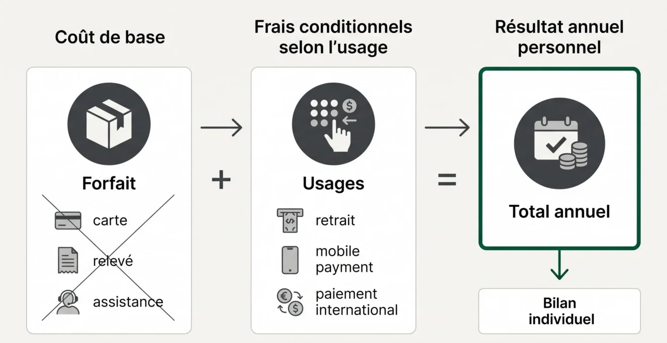 Schéma pédagogique du coût annuel avec cotisation, frais liés aux usages et postes inclus.