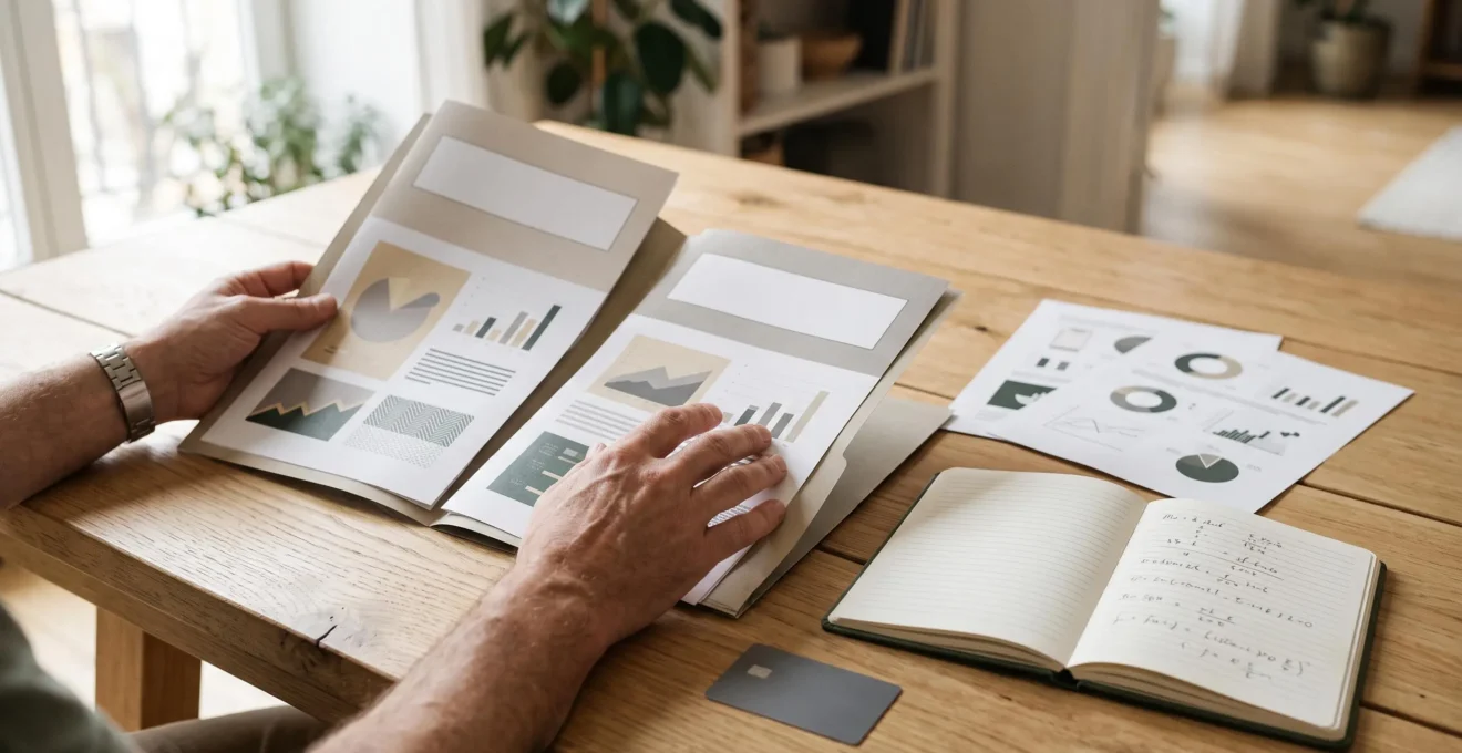 Deux ensembles de documents bancaires fictifs et une carte neutre étudiés sur une table.
